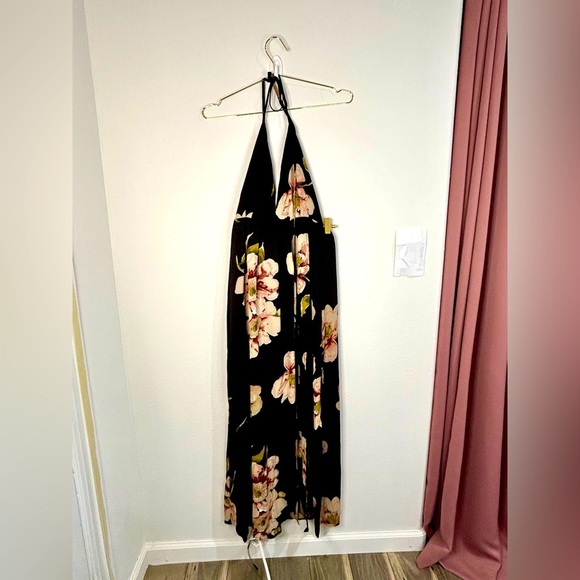 Boho Floral Halter Maxi Dress Small Black Pink Tie Back Lightweight Vacation - Picture 1 of 12